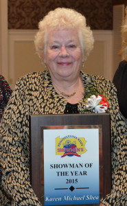 Karen Michael Shea with her plaque for receiving the 2015 Showman of the Year award