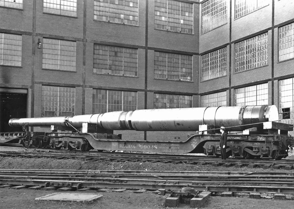 Bethlehem Steel Corp. produced more than 73 million tons of steel for the U.S. Military during World War II including armor plating, Naval guns and more. On May 28, David Venditta will talk about the steel giant’s important role during the war. This image, courtesy of the National Museum of Industrial History, shows a 50-caliber battleship gun being pulled out of the plant’s No. 8 Machine Shop in the early 1940s.